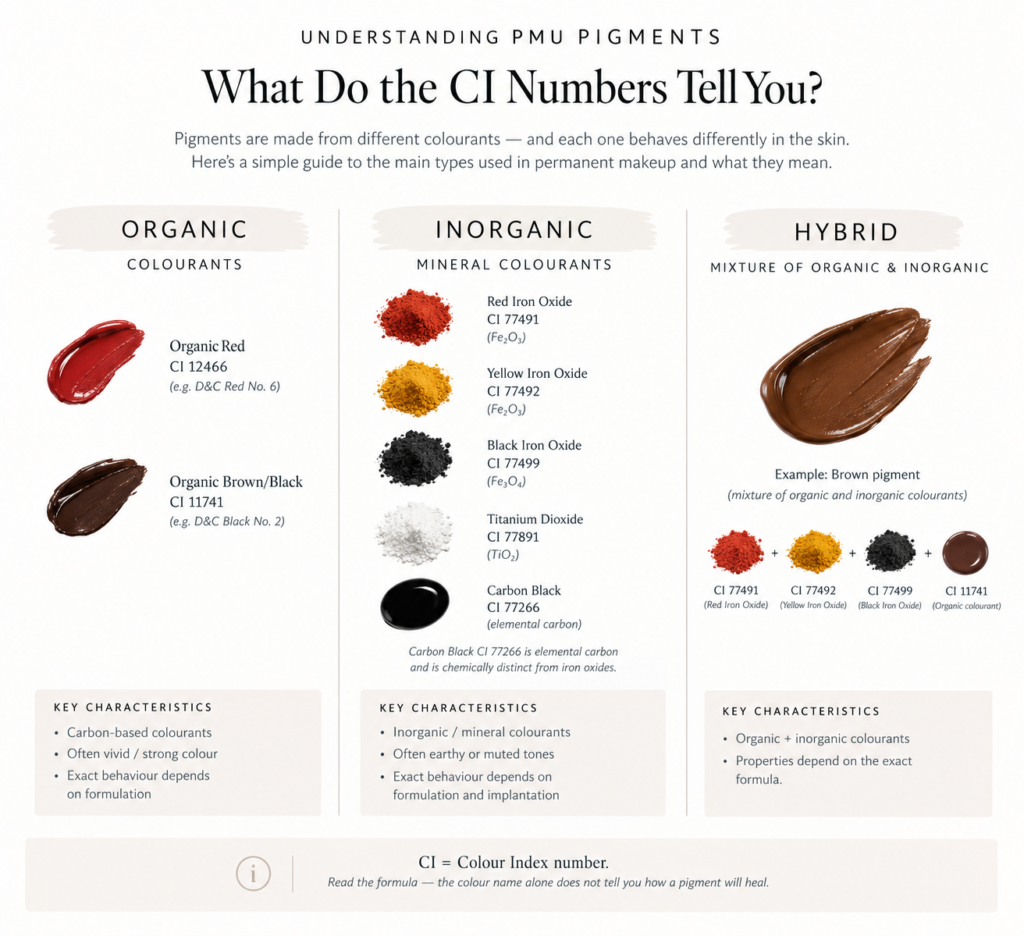 Diagram showing different colourants used in permanent makeup pigment formulations.