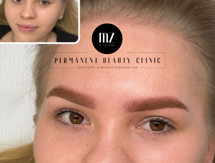 Blonde woman with natural-looking powder brows after permanent makeup