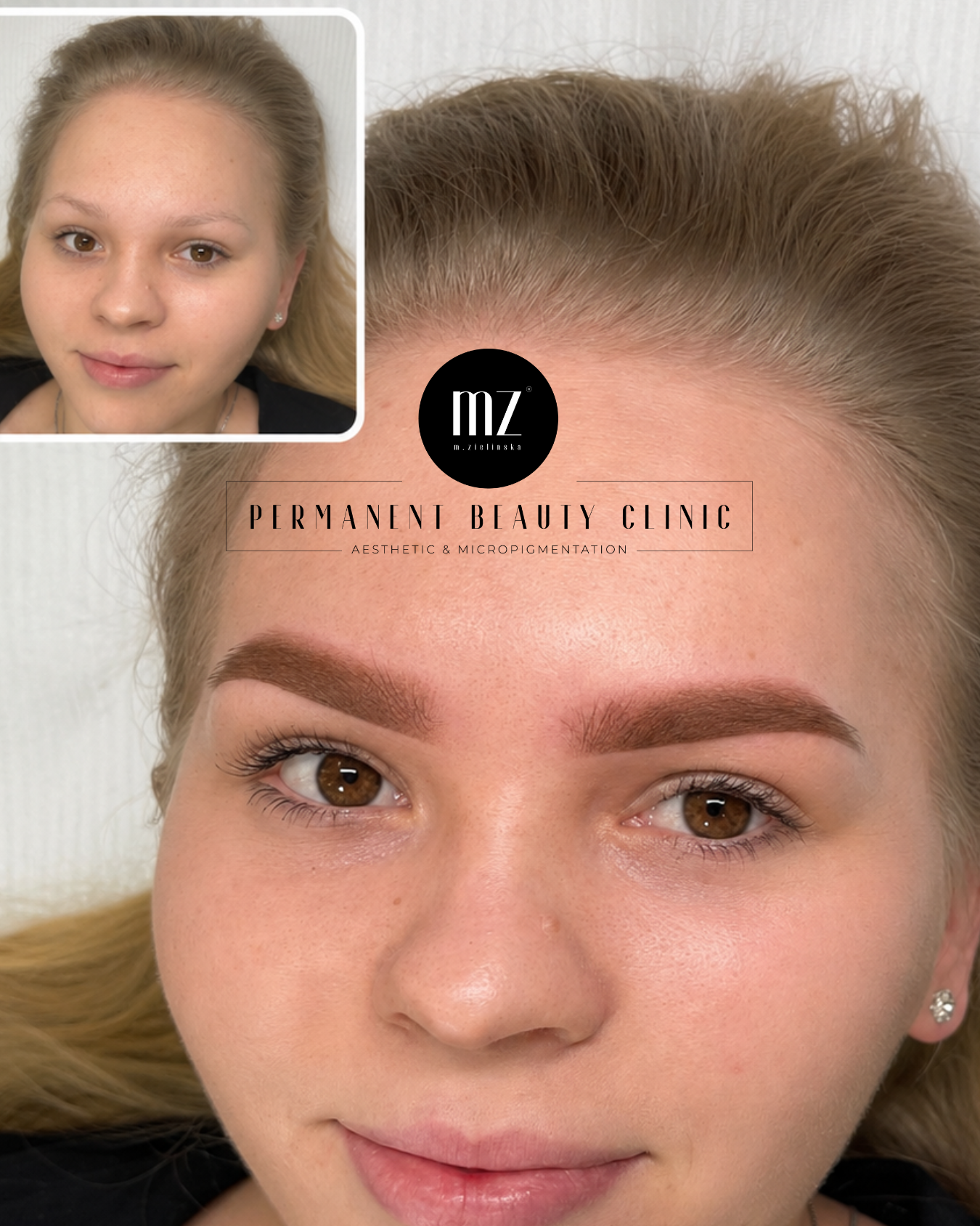 Blonde woman with natural-looking powder brows after permanent makeup