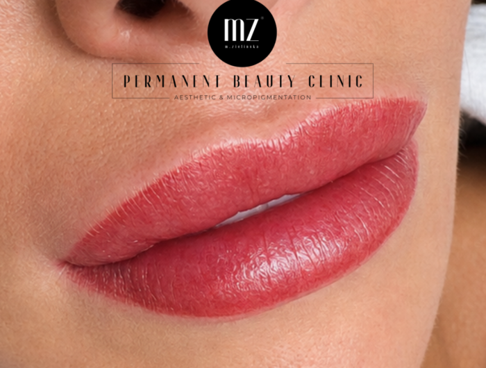 Healed lip blush permanent makeup with a soft, natural pink colour
