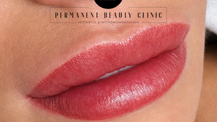 Healed lip blush permanent makeup with a soft, natural pink colour
