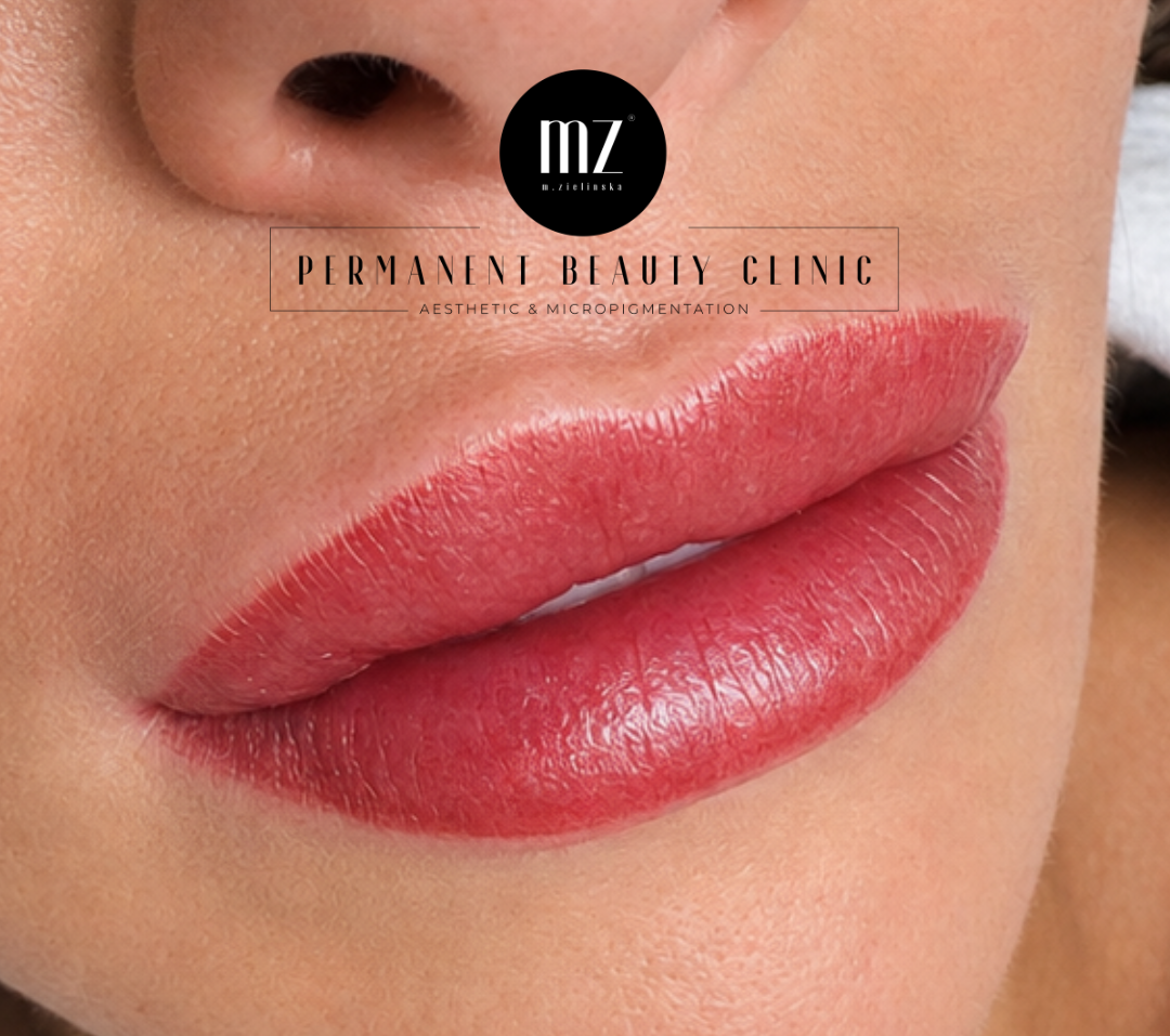 Healed lip blush permanent makeup with a soft, natural pink colour